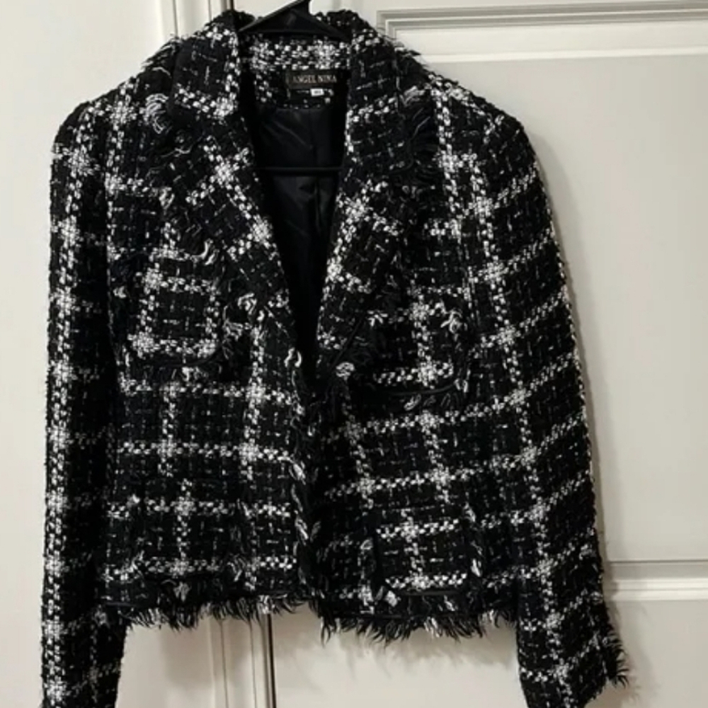 Elegant Black and White Tweed Women's Blazer